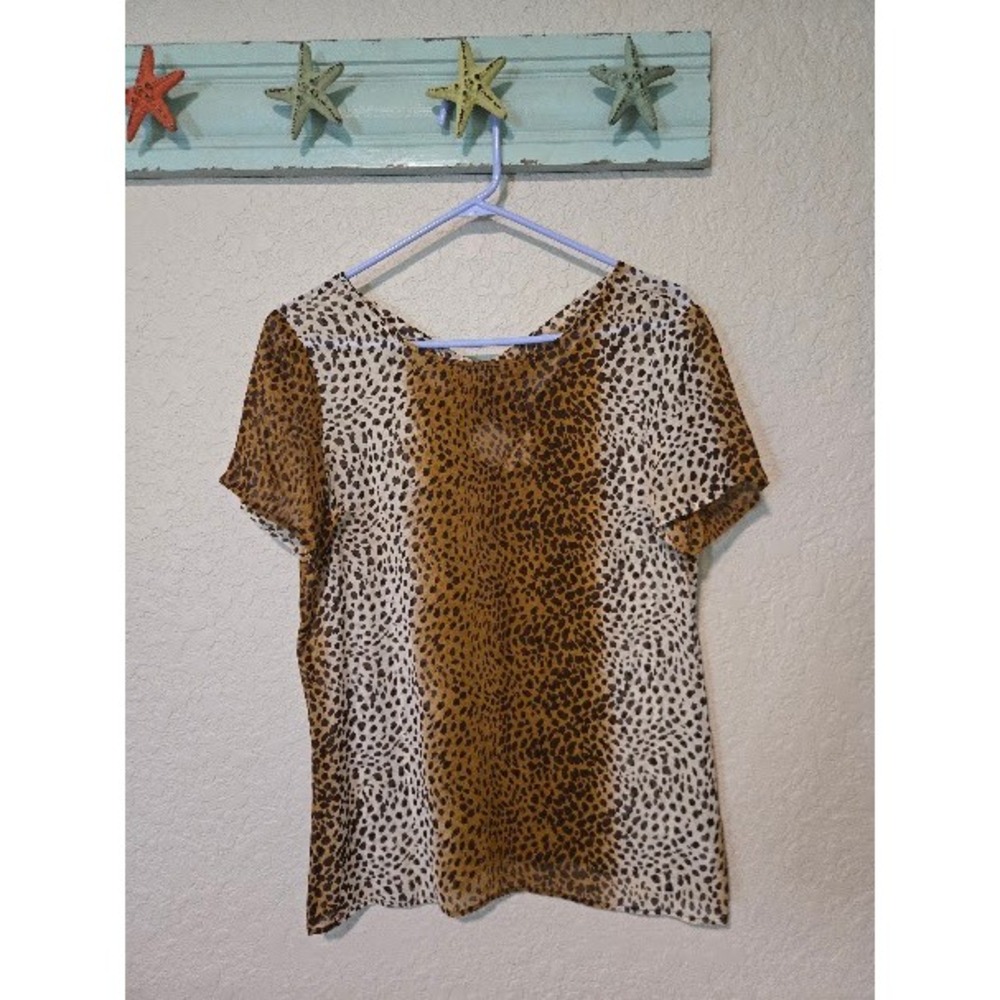 Walter Baker Women 100% Silk Animal Print Short Sleeve Blouse Brown Cream Size 4